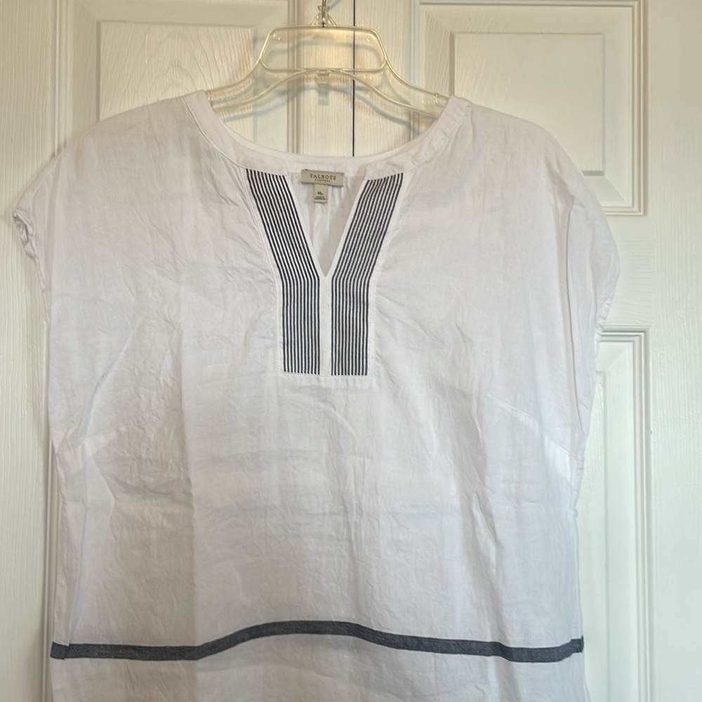 Women’s Talbots Sz MP cap sleeve linen tunic nautical white blue striped v neck